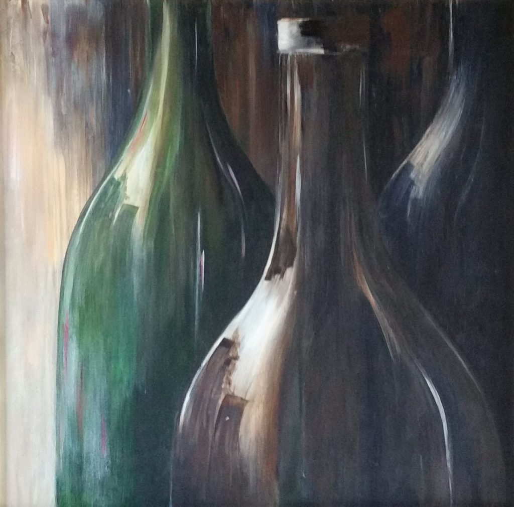 Spiegeling Blow-up van de flessen een acryl schilderij op hout 60 x 60cm gemaakt door Annet Schrander