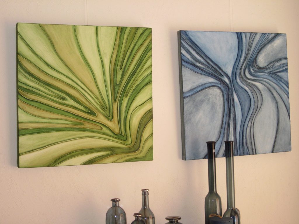 Delta groen en Delta blauw, een materie schilderij een structuur, touw en acryl schilderij op hout 60 x 60cm gemaakt door Annet Schrander