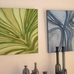 Delta groen en Delta blauw, een materie schilderij een structuur, touw en acryl schilderij op hout 60 x 60cm gemaakt door Annet Schrander
