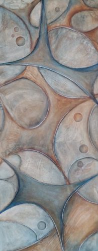 Evolution een een structuur, gel, gaas en acryl schilderij op hout 50 x 123cm gemaakt door Annet Schrander