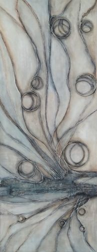 Nature een structuur, koper, touw en acryl schilderij op hout, maat 100 x 40cm, gemaakt door Annet Schrander