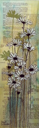 Daysie, een schilderij met grafische technieken en acryl op hout, maat 60 x 20cmgemaakt door Annet Schrander