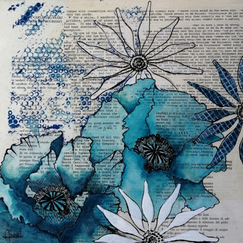 Paper Flowers een schilderij met grafische technieken en acryl op hout, maat 30 x 30cm, gemaakt door Annet Schrander
